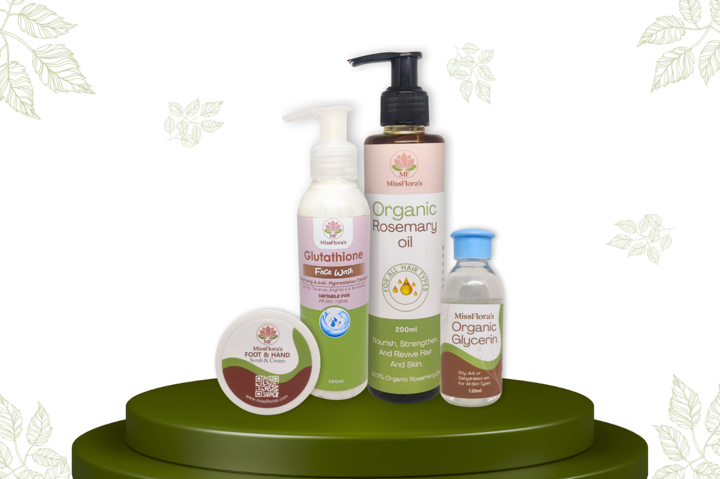 Miss Flora Complete Care Bundle – Rosemary Oil, Organic Glycerin, Glutathione Facewash, Foot & Hand Cream